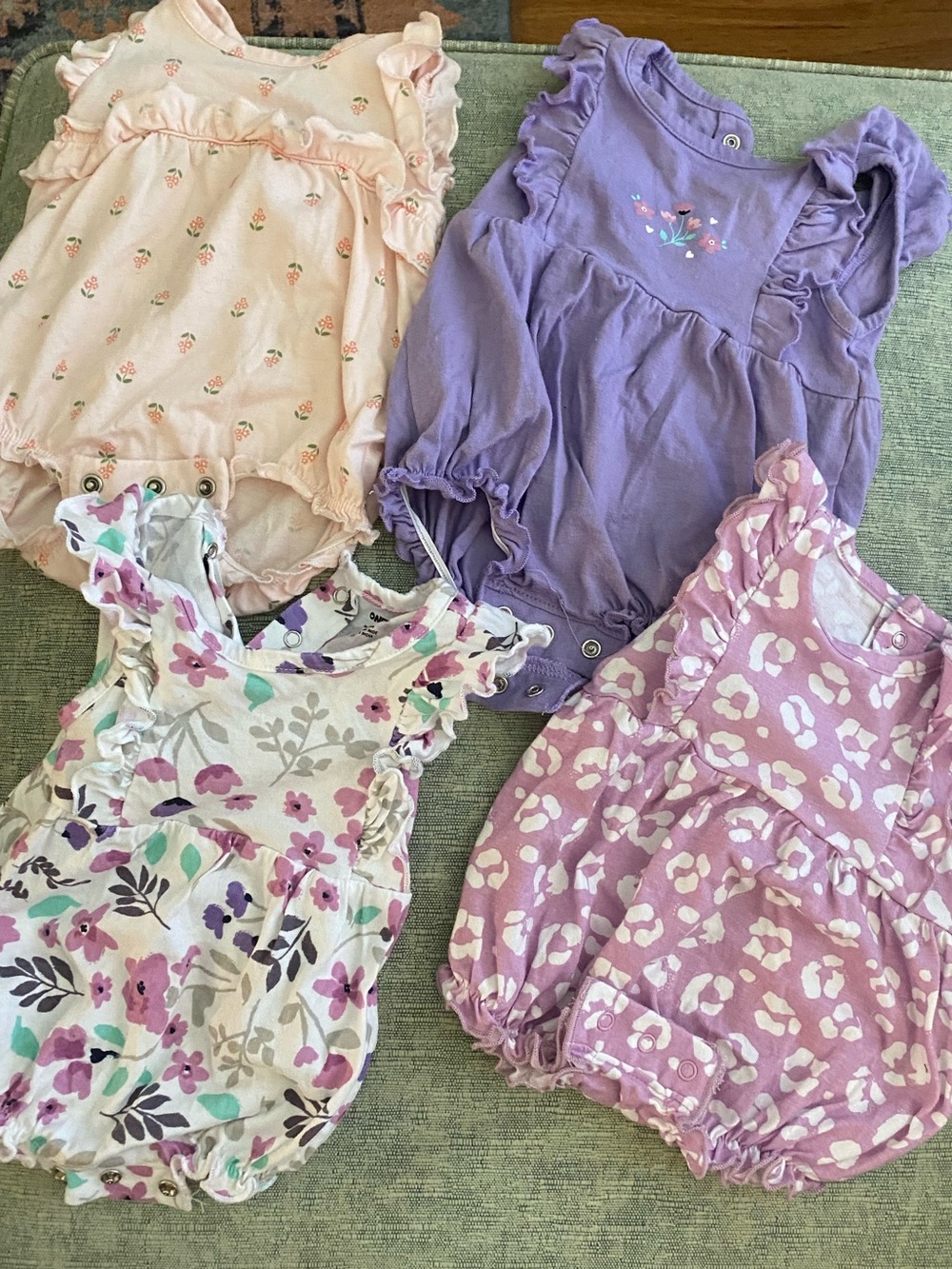 Cute Ruffled Baby Rompers - Pink & Purple Floral Mix. Newborn. 4 piece lot/set.